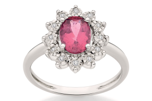 Anel de diamantes com turmalina rosa e ouro branco 18k.