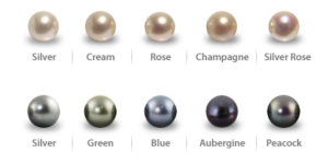 Variação de cores de pérolas: prata, creme, rosa, champagne, prata rosa, verde, azul, aubergine e pavão