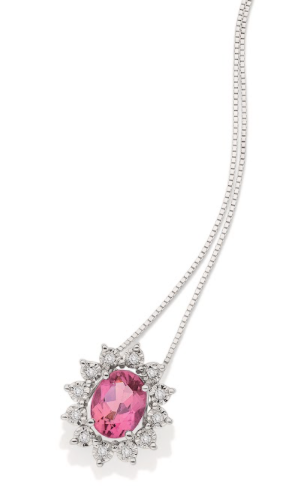 Gargantilha de ouro branco com diamantes e turmalina rosa.