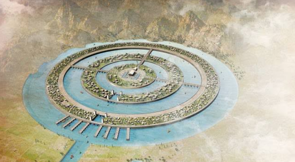 Ilustração da cidade mítica de Atlântida, com formato circular e canais de água.