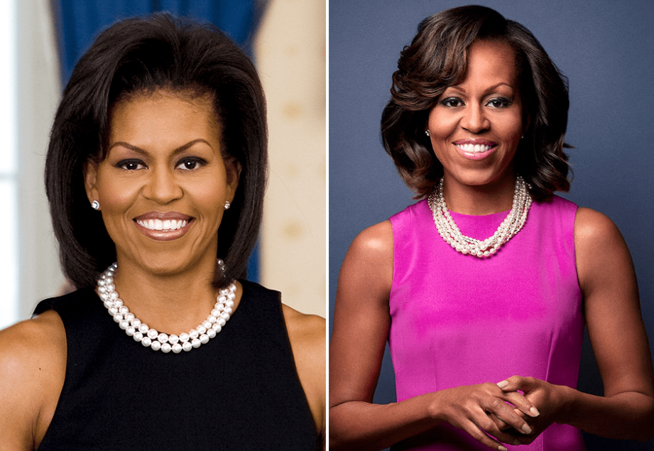 Michelle Obama usando colares de pérolas em diferentes ocasiões, destacando sua elegância atemporal.