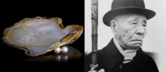 Pérolas Akoya ao lado de uma ostra e uma foto de Kokichi Mikimoto, pioneiro no cultivo de pérolas.