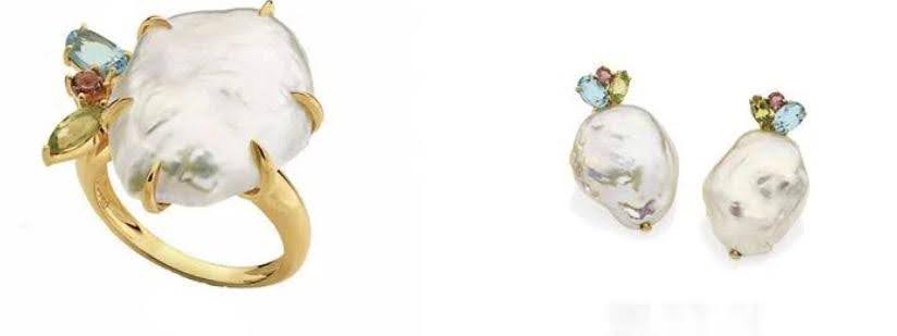 Anel de ouro com pérola barroca e pedras preciosas, acompanhado de brincos de pérola barroca com detalhes de pedras coloridas.