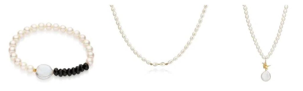 Três colares de pérolas biwa, incluindo pérolas de água doce com detalhes em pedras e ouro.