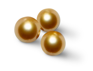 Três pérolas douradas South Sea, conhecidas por sua origem nos mares do sul.