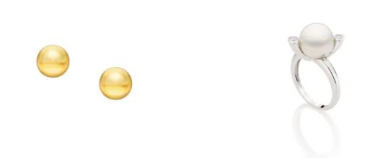 Brincos de pérolas douradas South Sea e anel de prata com pérola South Sea branca.