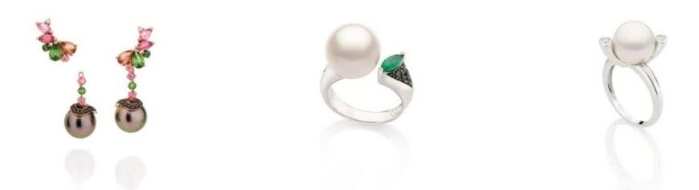 Brincos com pérolas South Sea e pedras coloridas, acompanhados de anéis de pérola South Sea com detalhes em prata e pedras preciosas.
