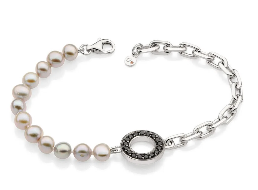 Pulseira de pérolas cinzas com espinélios em prata, combinando elegância e modernidade.