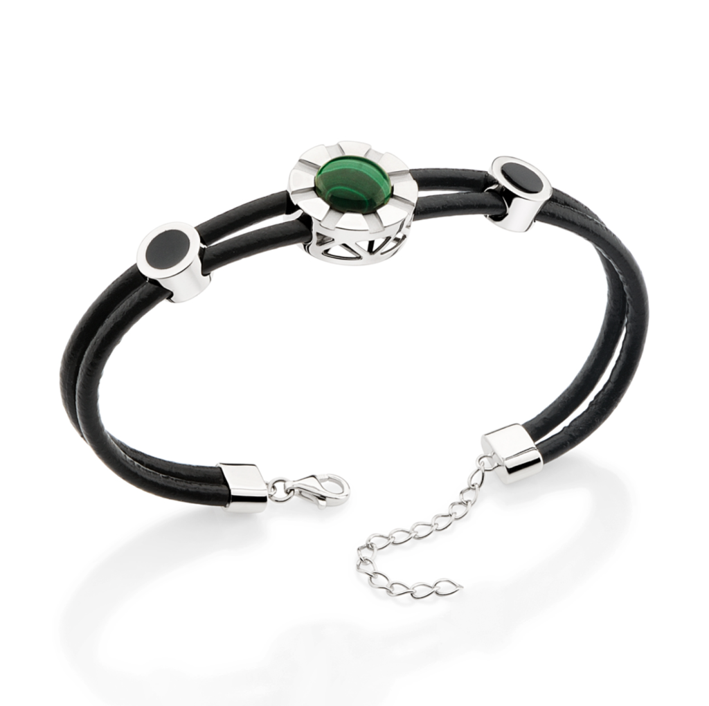 Pulseira de prata com malaquita e couro preto Julio Okubo