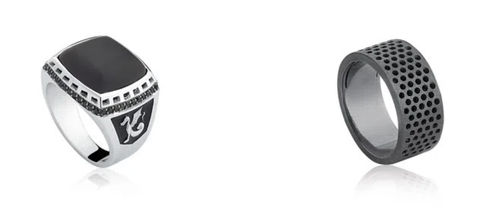 Anel masculino de ônix com diamantes em prata e anel de prata com ródio negro.