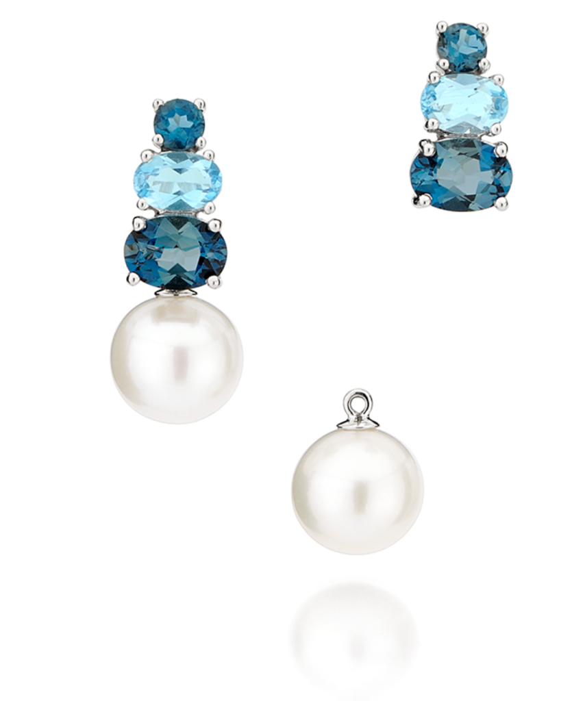 Brinco de pérola em ouro branco com topázios azuis, coleção Voice Of The Oceans.