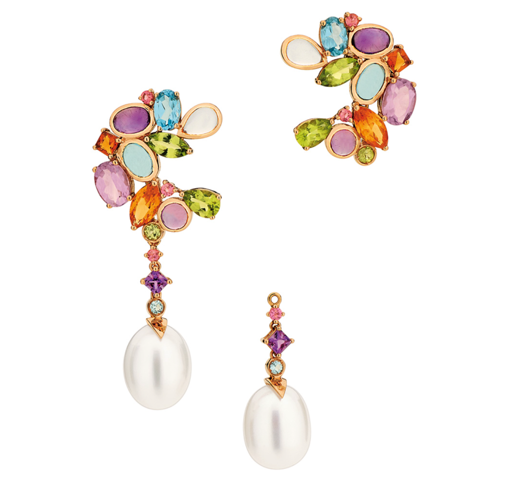 Brincos em ouro rosé com cristais, topázios Swiss, turmalinas rosas, ametistas, citrinos, peridotos e pérolas.