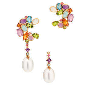 Brincos em ouro rosé com cristais, topázios Swiss, turmalinas rosas, ametistas, citrinos, peridotos e pérolas.