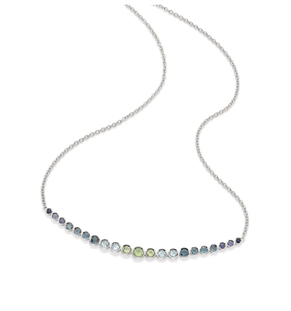 Colar em ouro branco com safiras azuis, topázios azuis e peridotos