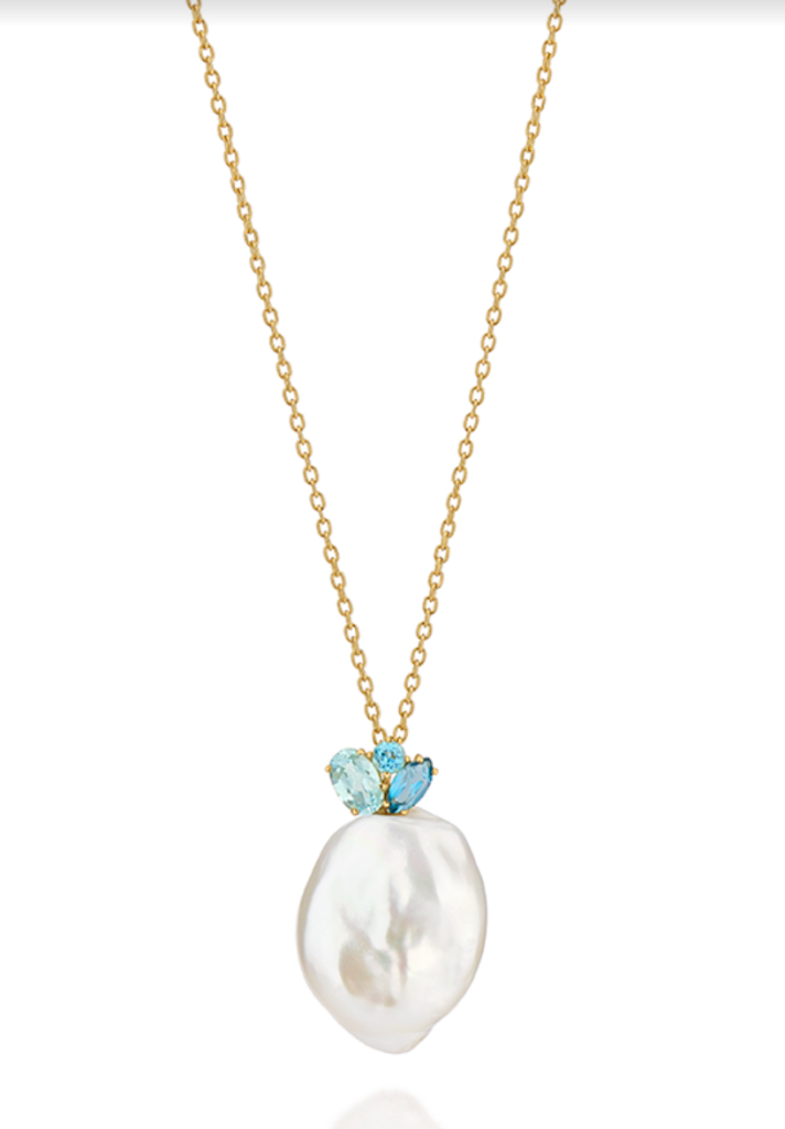 Gargantilha de ouro com topázios azuis e pérola keshi, da coleção Voice Of The Oceans.