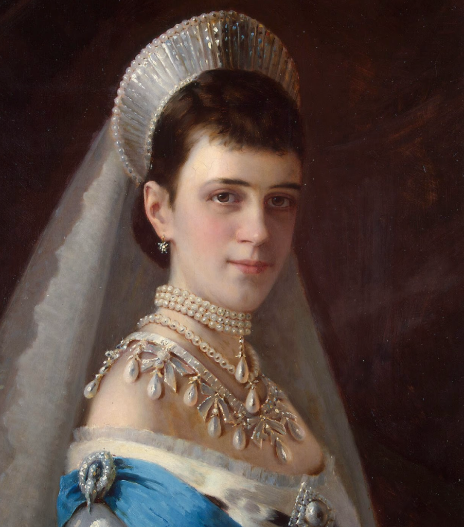 Retrato de uma nobre com joias de pérola, pintado por Ivan Kramskoy.