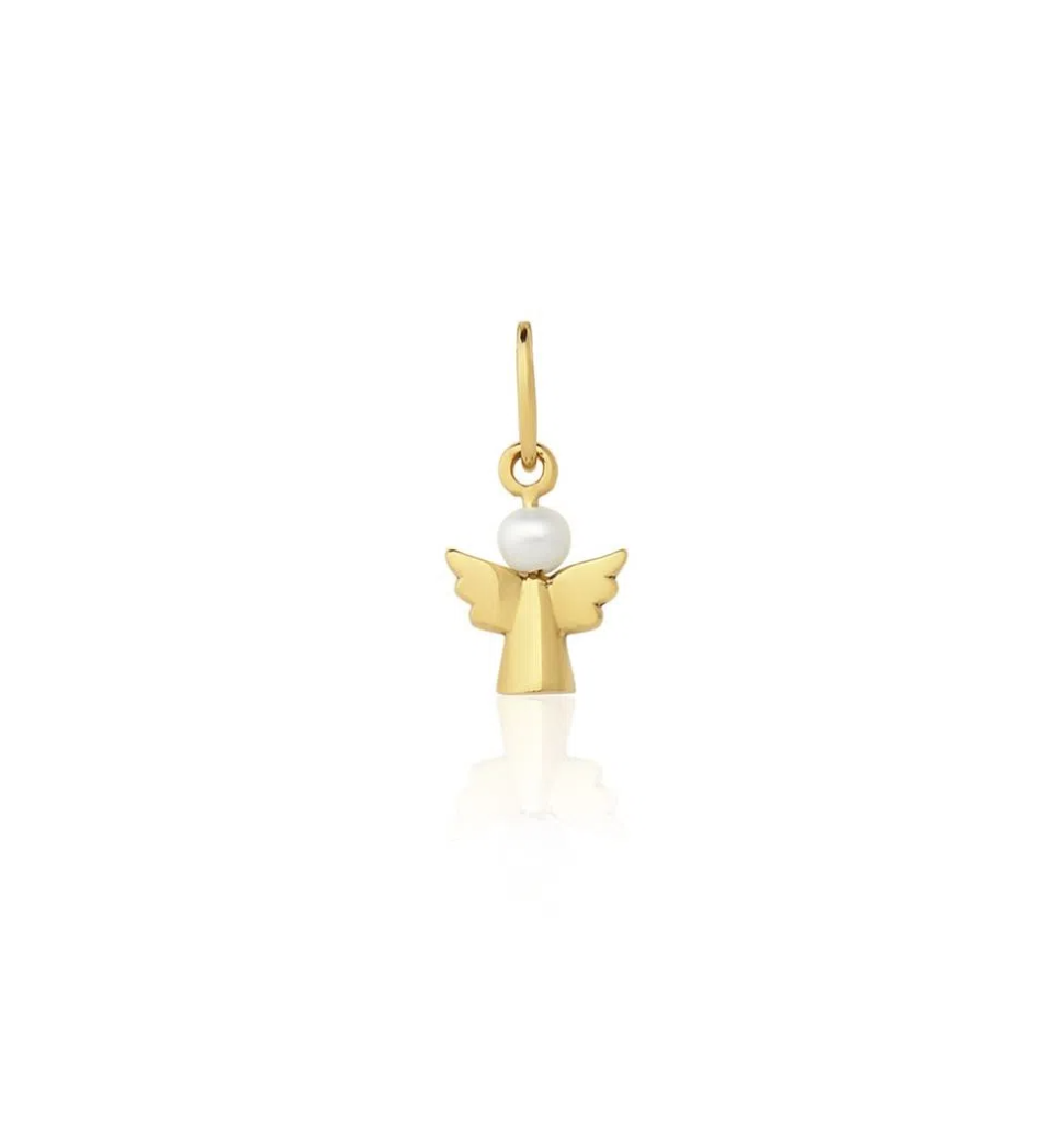 Pingente angel infantil em ouro amarelo com pérola, simbolizando espiritualidade para batizado.