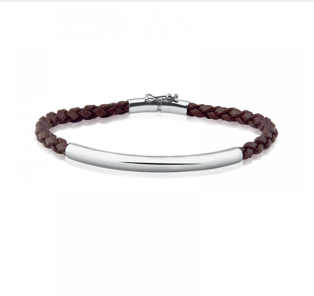 Pulseira masculina de couro marrom e ouro branco.