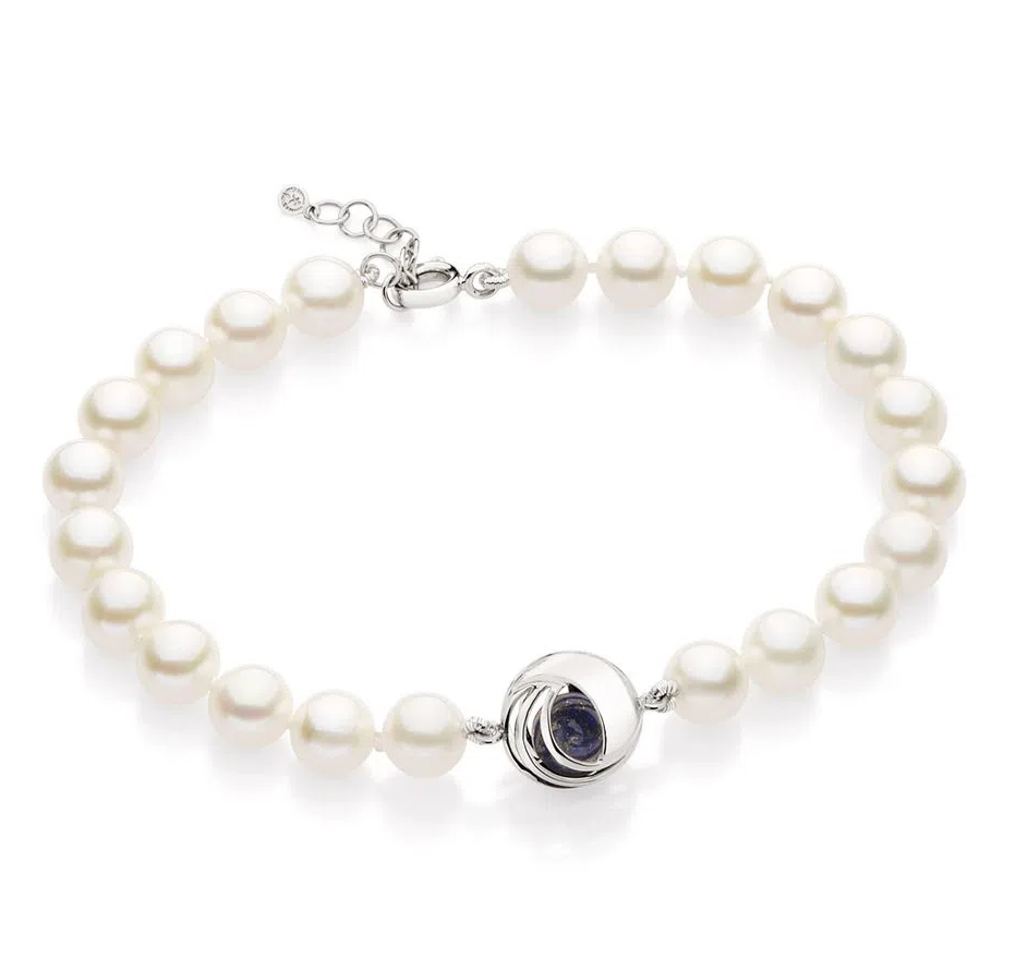 Pulseira em ouro branco com lápis lazúli e pérolas Biwa.