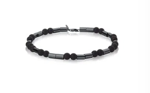 Pulseira masculina de prata com ródio negro e ágatas negras, em design moderno e elegante.
