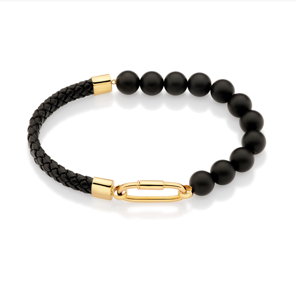 Pulseira masculina em ouro amarelo com ágatas negras e cordão de couro.