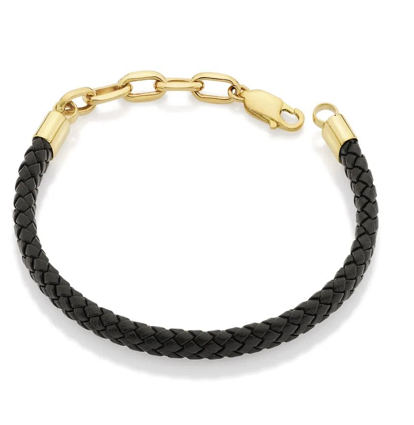 Pulseira masculina de couro preto com detalhe em ouro amarelo.