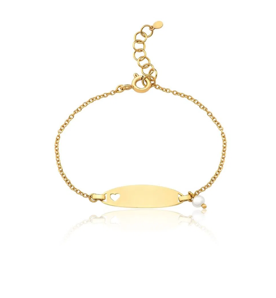Pulseira infantil em ouro amarelo com detalhe de coração e pérola, perfeita para batizado e personalização.