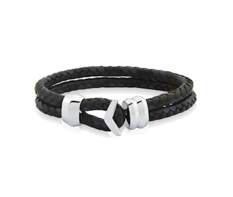 Pulseira masculina de couro preto trançado e prata.