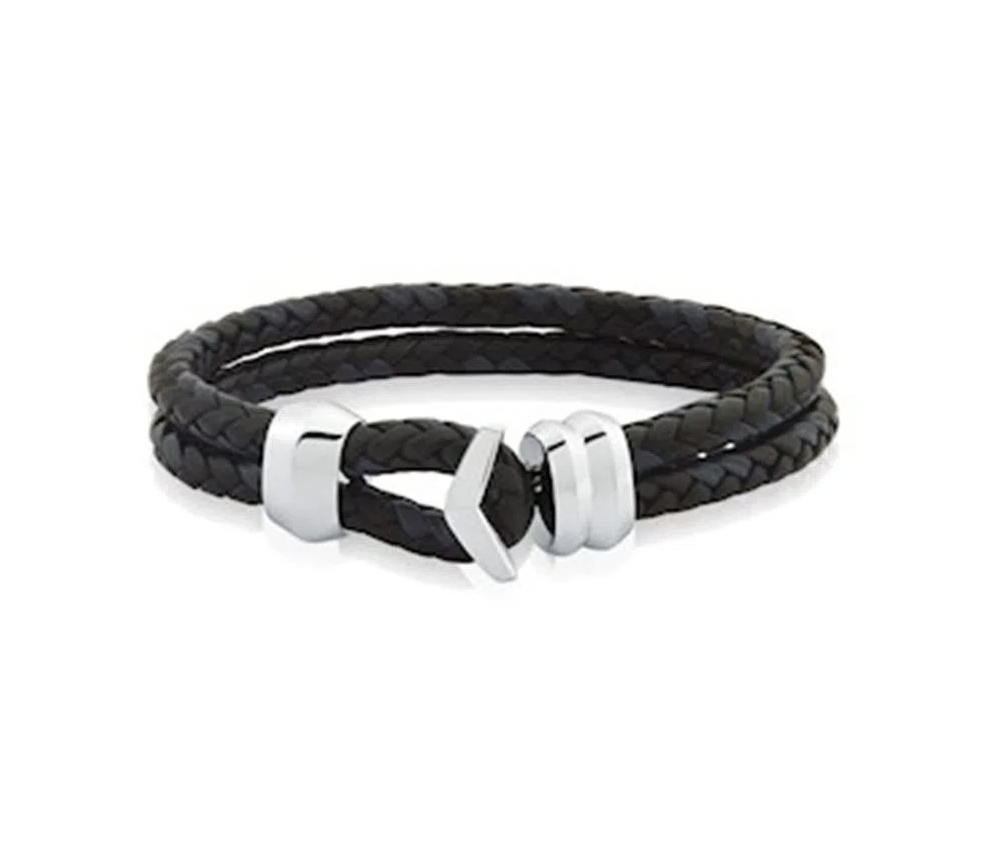 Pulseira masculina de couro preto trançado e prata.