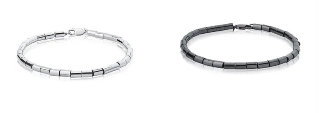 Duas pulseiras masculinas lado a lado: uma de prata com ródio e outra de prata com ródio negro da coleção Amir Slama.