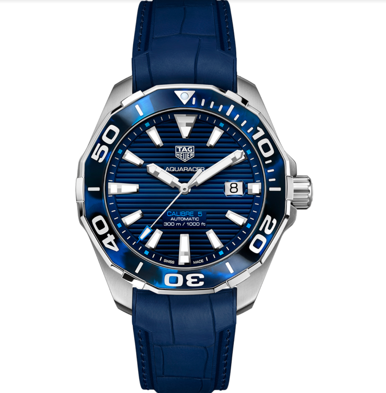 Relógio TAG Heuer Aquaracer Calibre 5 Automático Masculino Azul com Pulseira de Borracha.