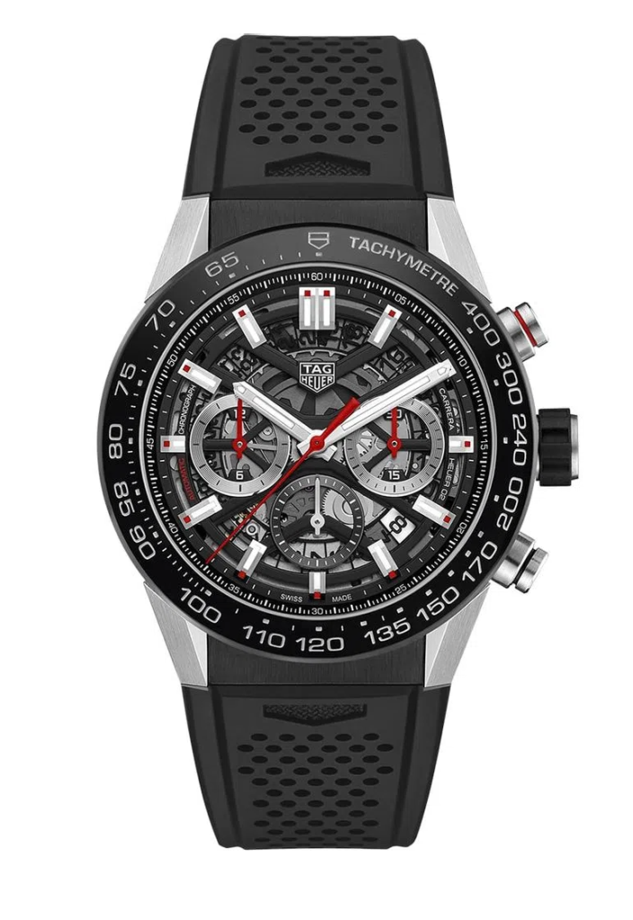 Relógio TAG Heuer Carrera Heuer 02 Automático Masculino Preto com Pulseira de Borracha e Cronógrafo.