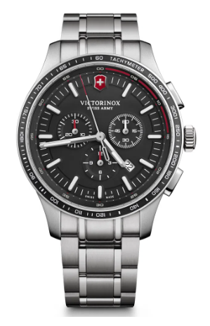 Relógio Victorinox Alliance Sport Chronograph Masculino em aço inoxidável com mostrador preto.